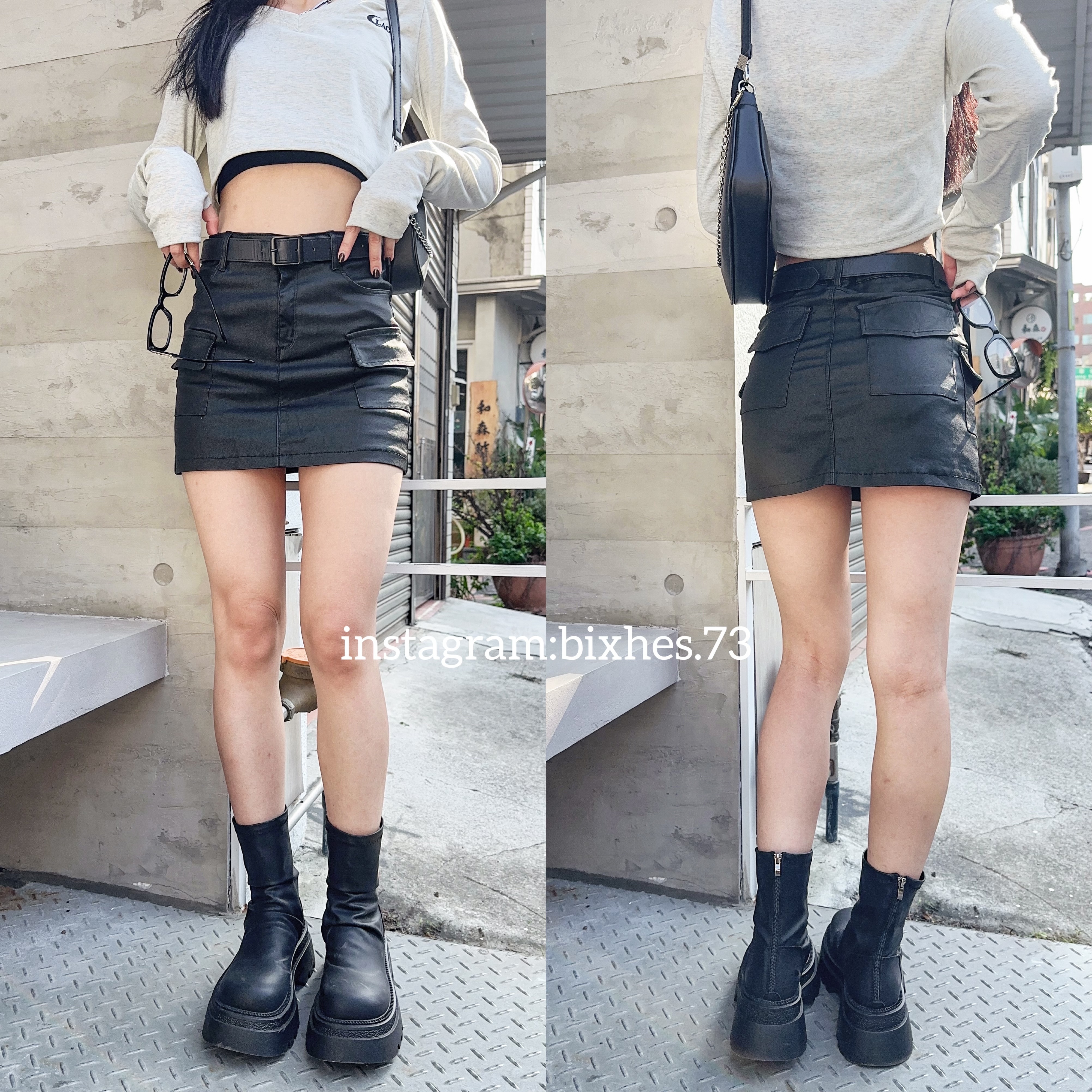 工裝彈力皮褲裙(D00018)