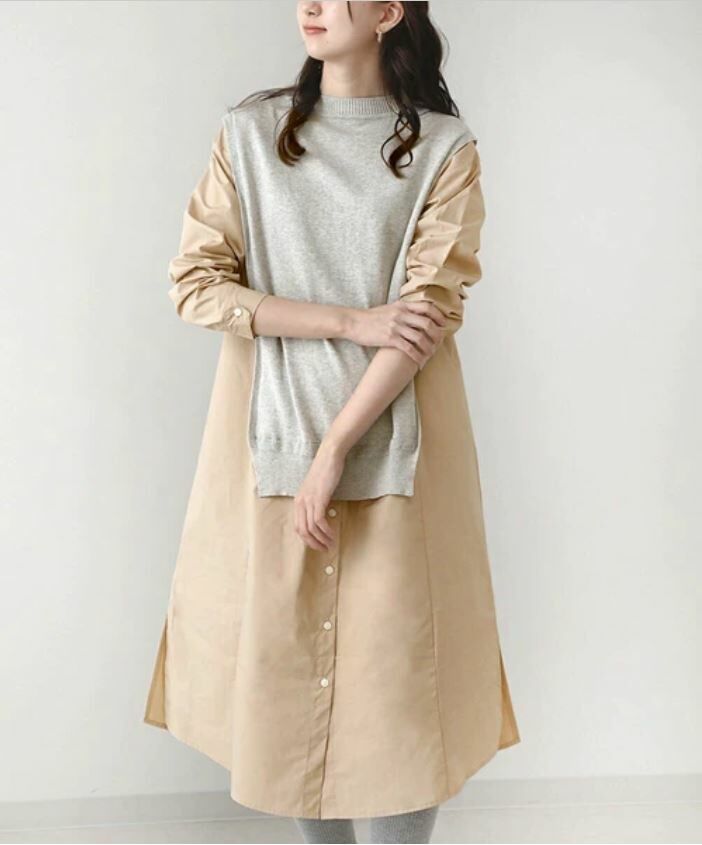 ｛Special Price｝前後 2WAY 針織對拼接襯衫連身裙 【日本直送】