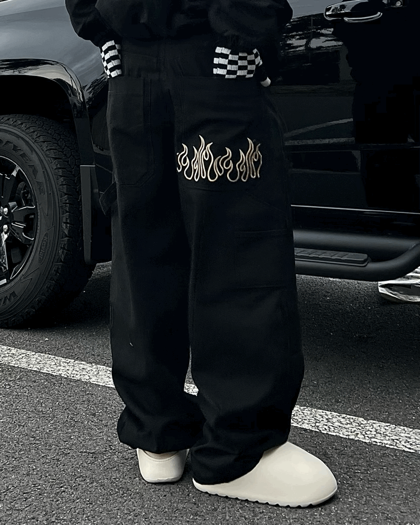 火焰木匠棉質闊腿褲