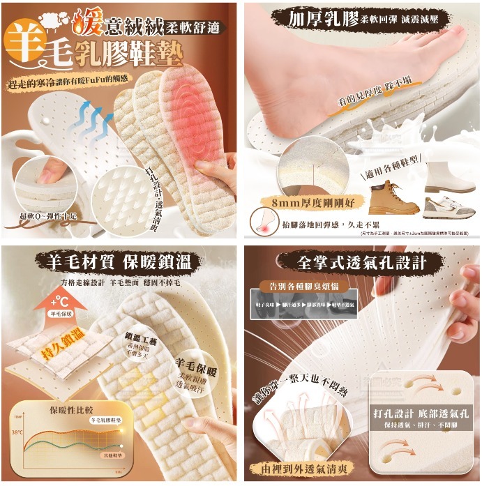 WSBB3347 暖意絨絨羊毛柔軟舒適乳膠鞋墊（現貨A14）