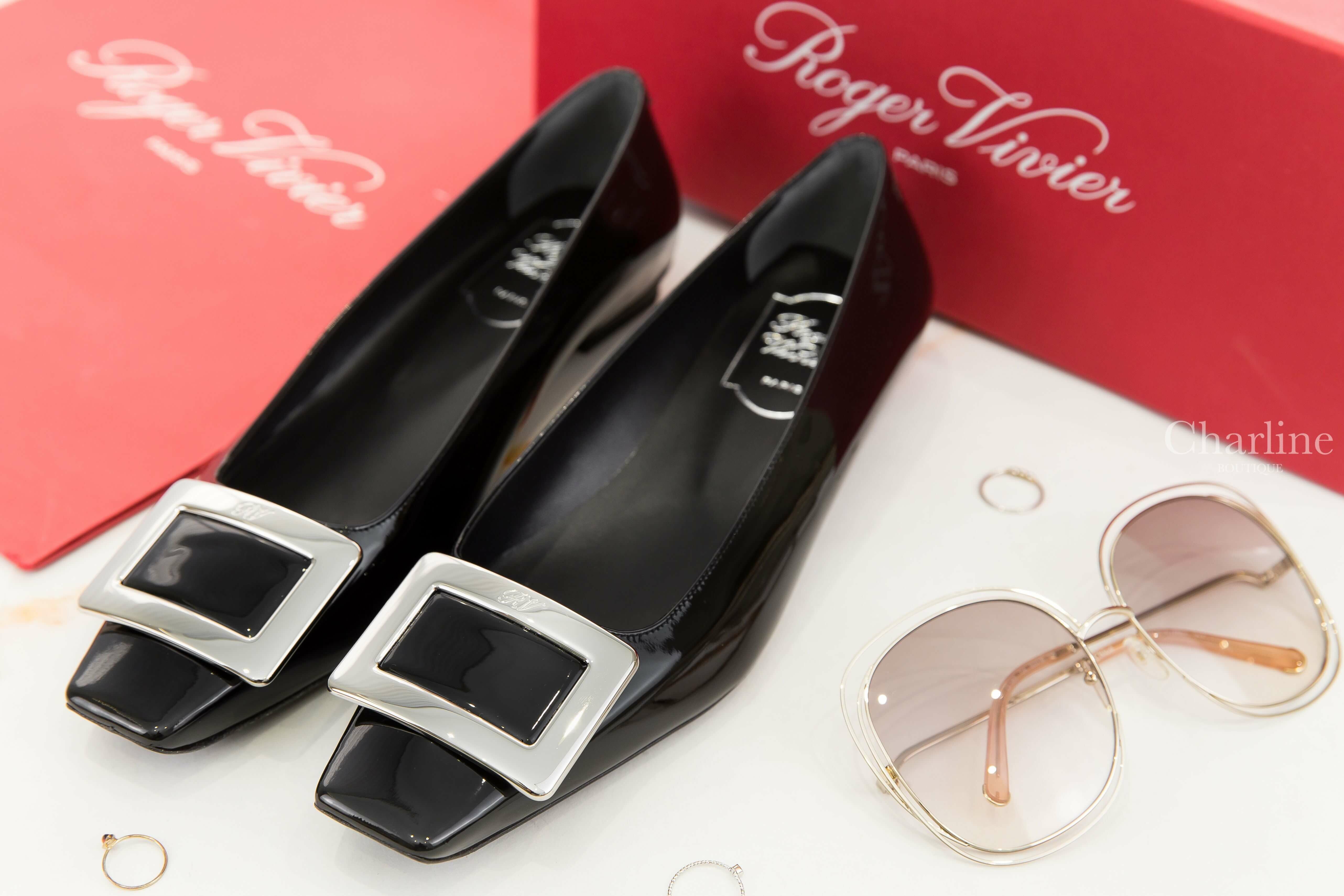 Roger Vivier Belle Vivier Metal Buckle Ballerinas In Patent Leather 黑色漆皮銀色方釦平底鞋-Charline Boutique 精品代購