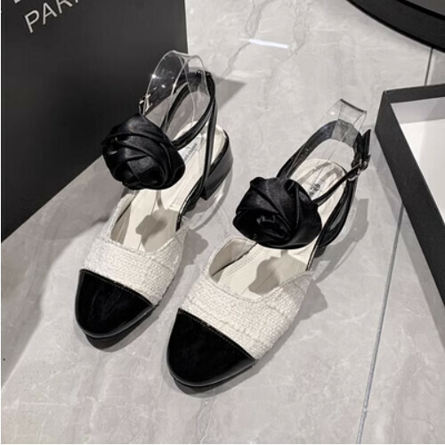 Color block flower one-button chunky heel shoes