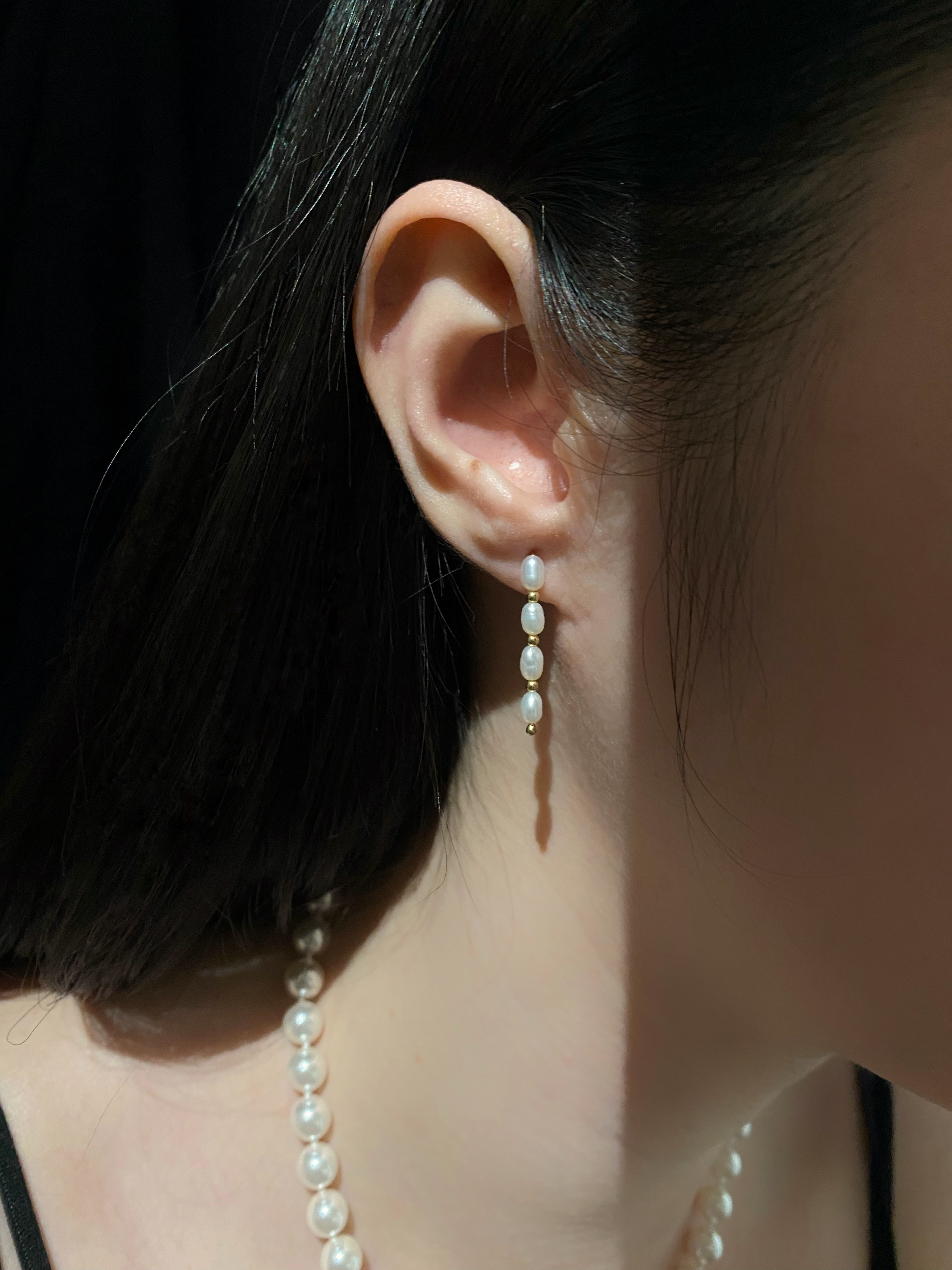 L型 米粒珍珠金珠耳環