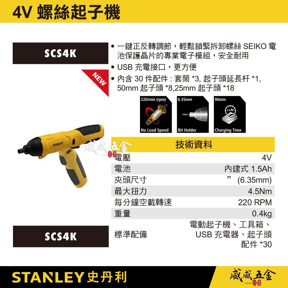 STANLEY 美國 史丹利｜4V 充電鋰電螺絲起子機 配件組｜USB 充電器+工具箱｜SCS4K｜公司貨 ST-SCS4K