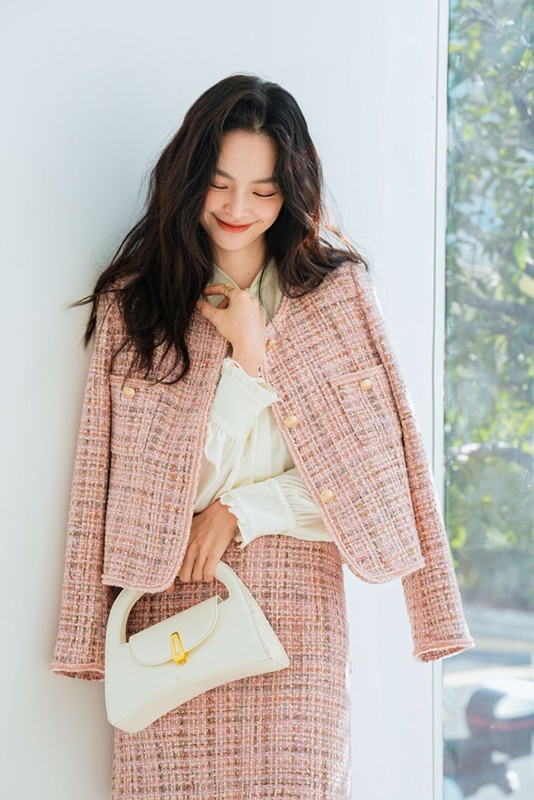 小香風花紗編織外套 粉色