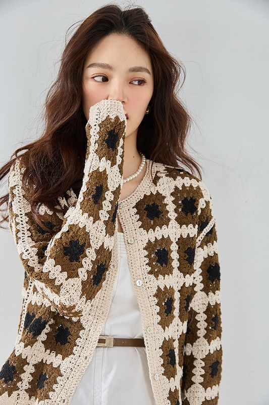 拼色方塊鈎花針織外套 兩色