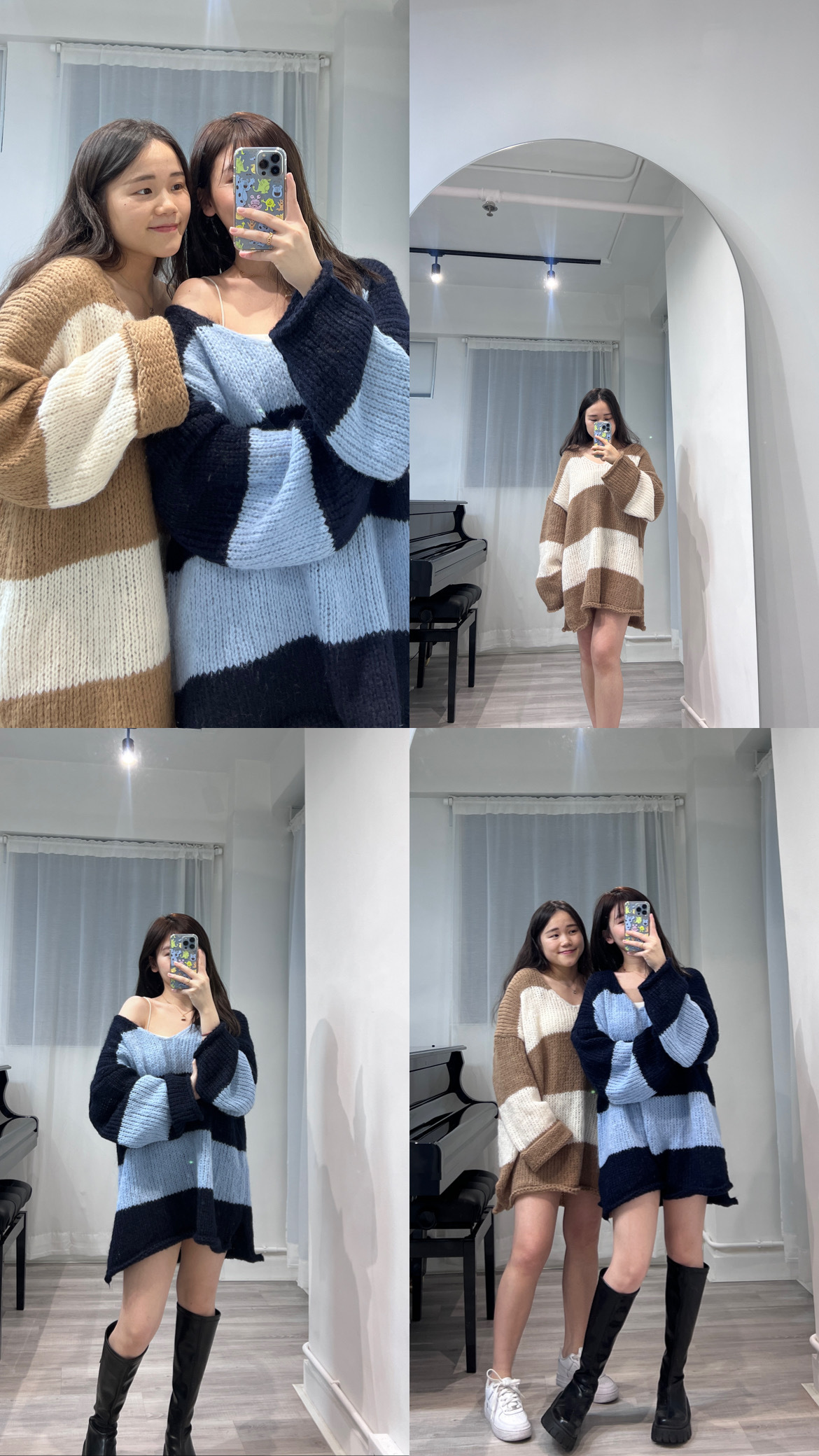 Oversize 拼色慵懶感V領大間條針織上衣