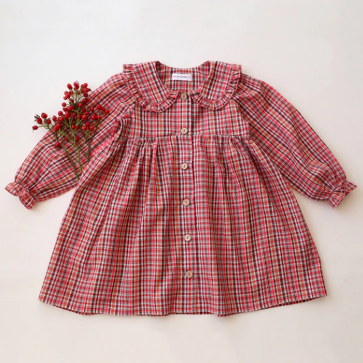 Dannie and Lilou-Long Sleeve Frilled Collar Dress荷葉綴邊娃娃領燈籠長袖洋裝(Holiday Check)