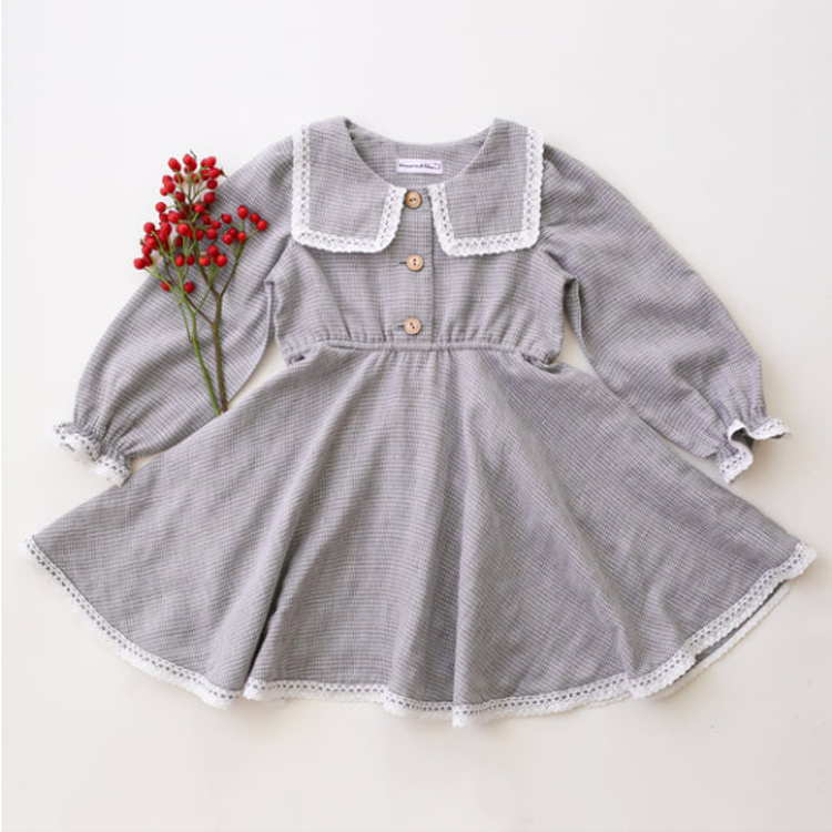 Dannie and Lilou-Long Sleeve Square Collar Dress長袖方領鈕扣洋裝(Grey & White Check)