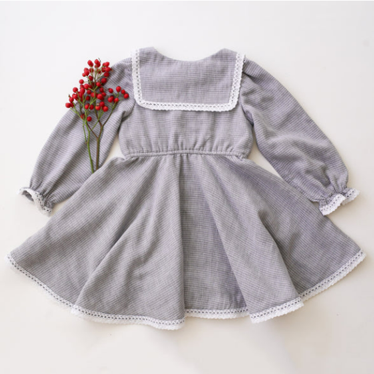 Dannie and Lilou-Long Sleeve Square Collar Dress長袖方領鈕扣洋裝(Grey & White Check)