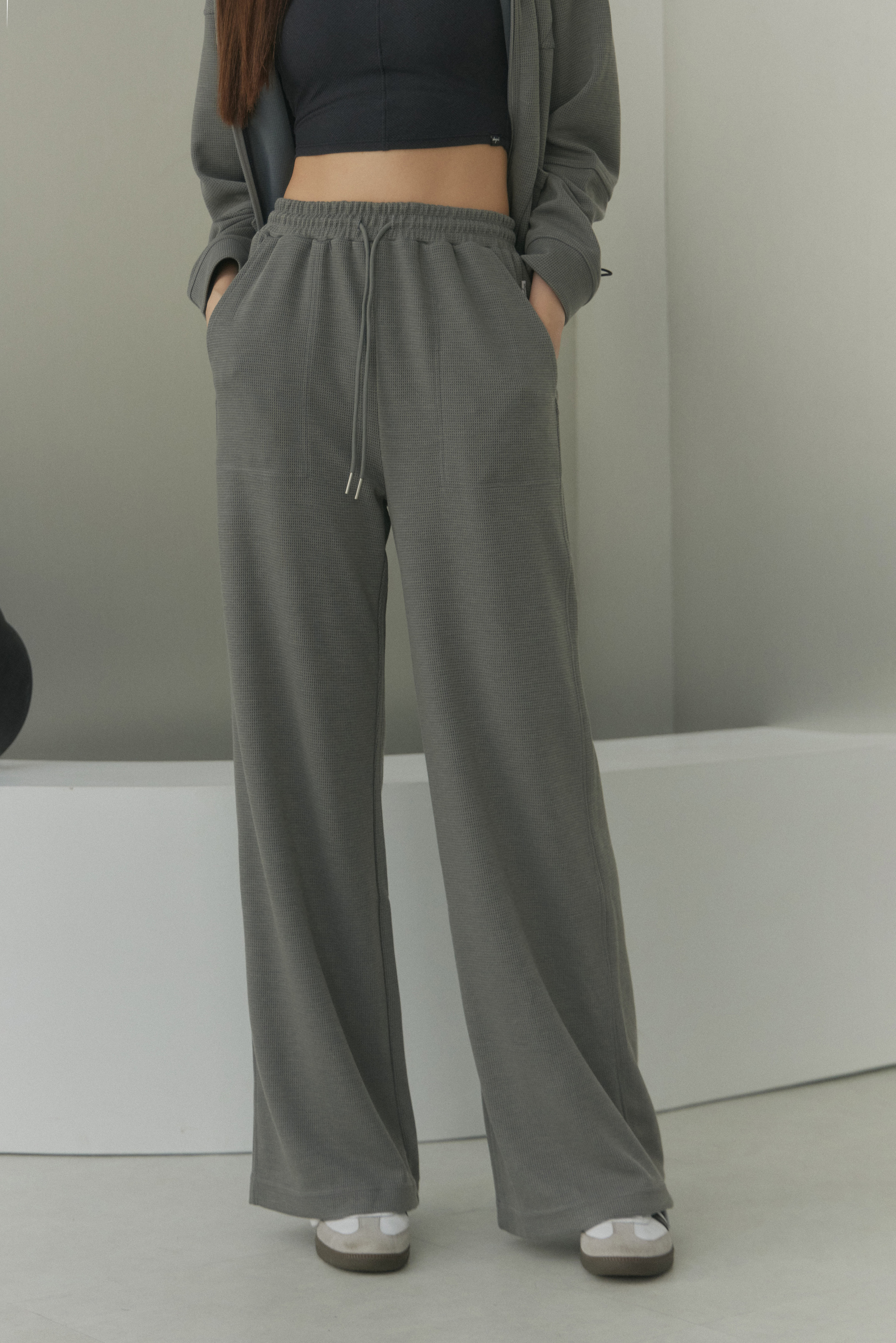 華夫格高腰落地寬褲- 灰綠