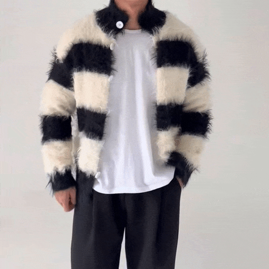 橫條紋圖案馬海毛鈕釦開衫