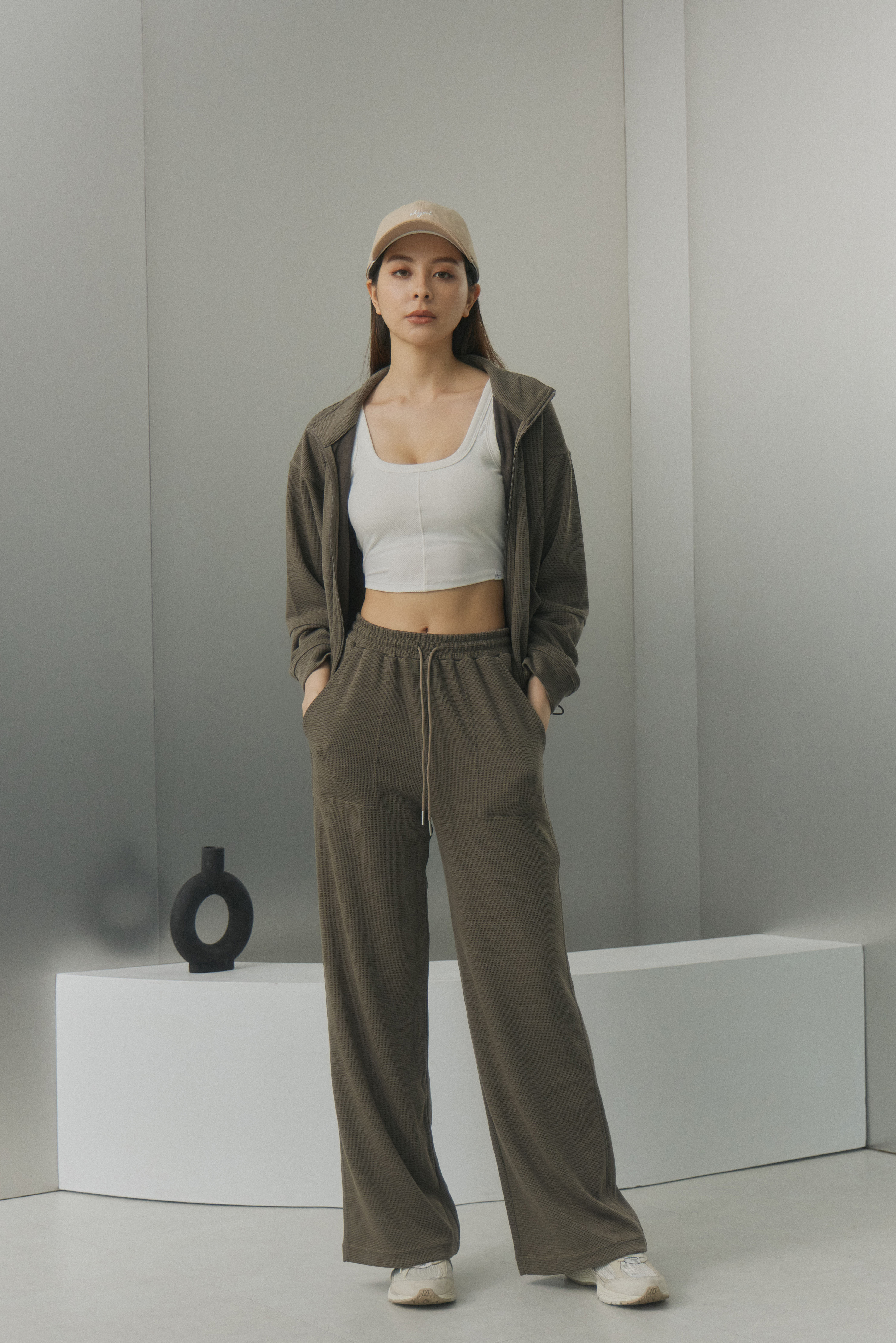 華夫格高腰落地寬褲- 咖啡