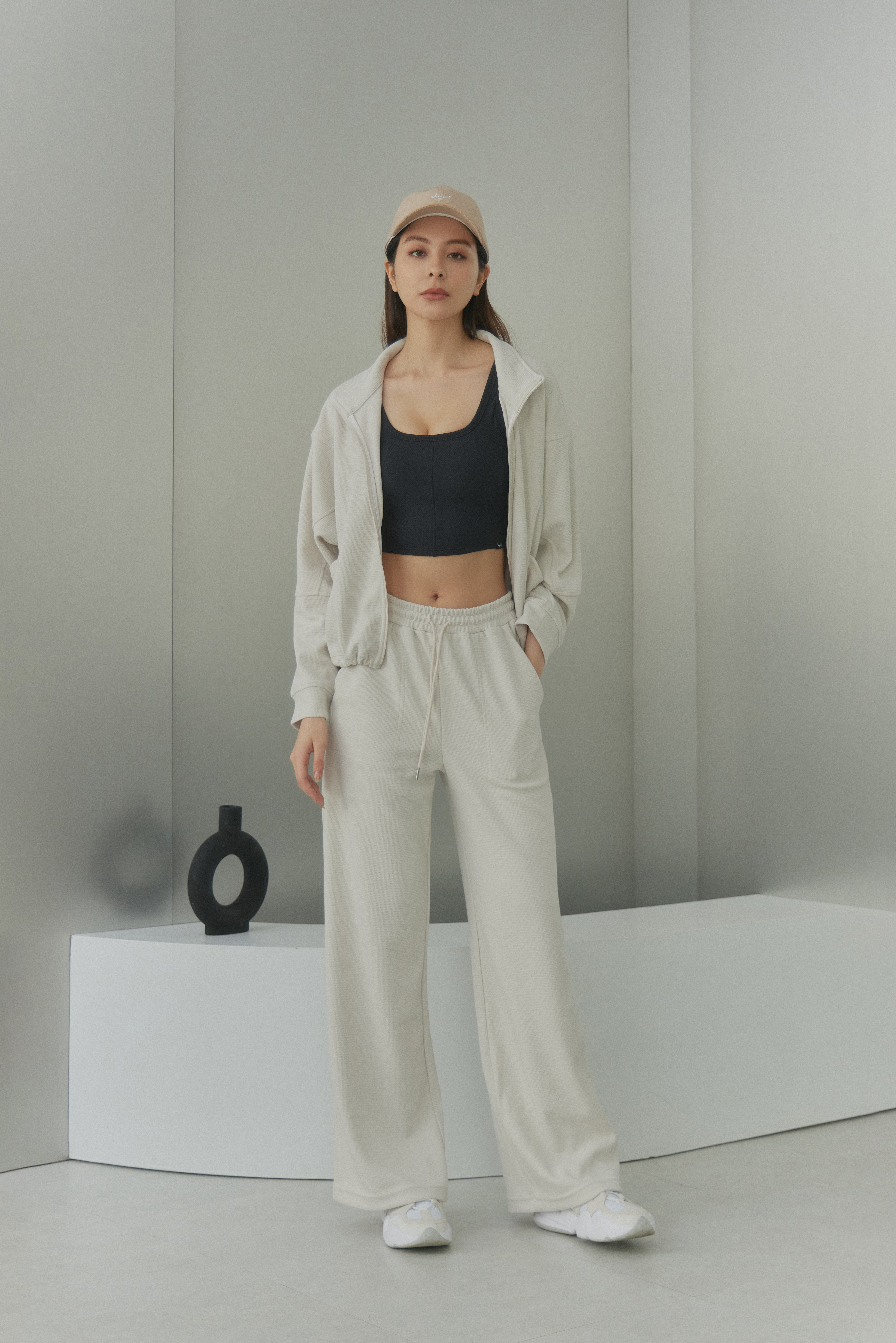 華夫格高腰落地寬褲- 奶白