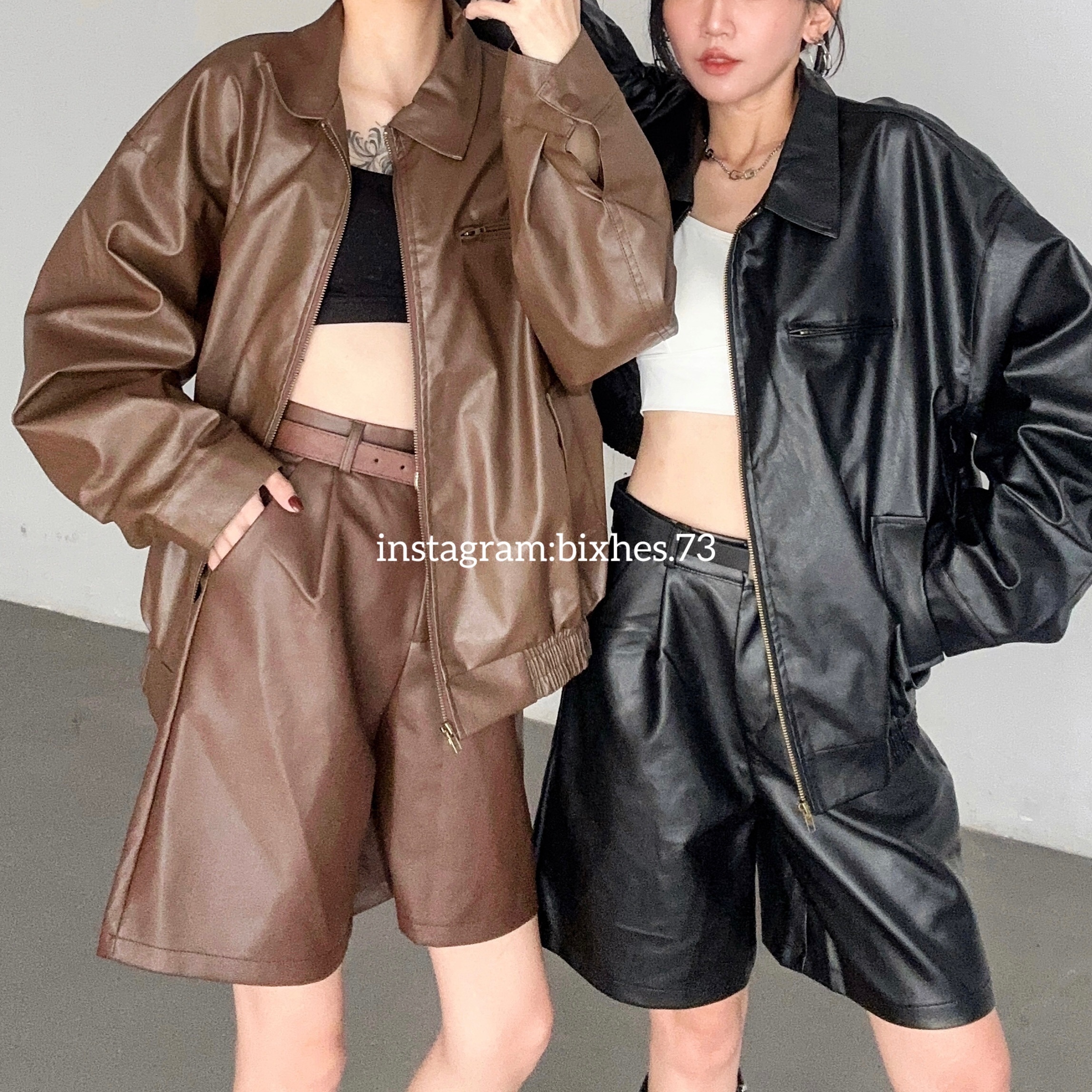 重工翻領口袋皮外套(F00029)