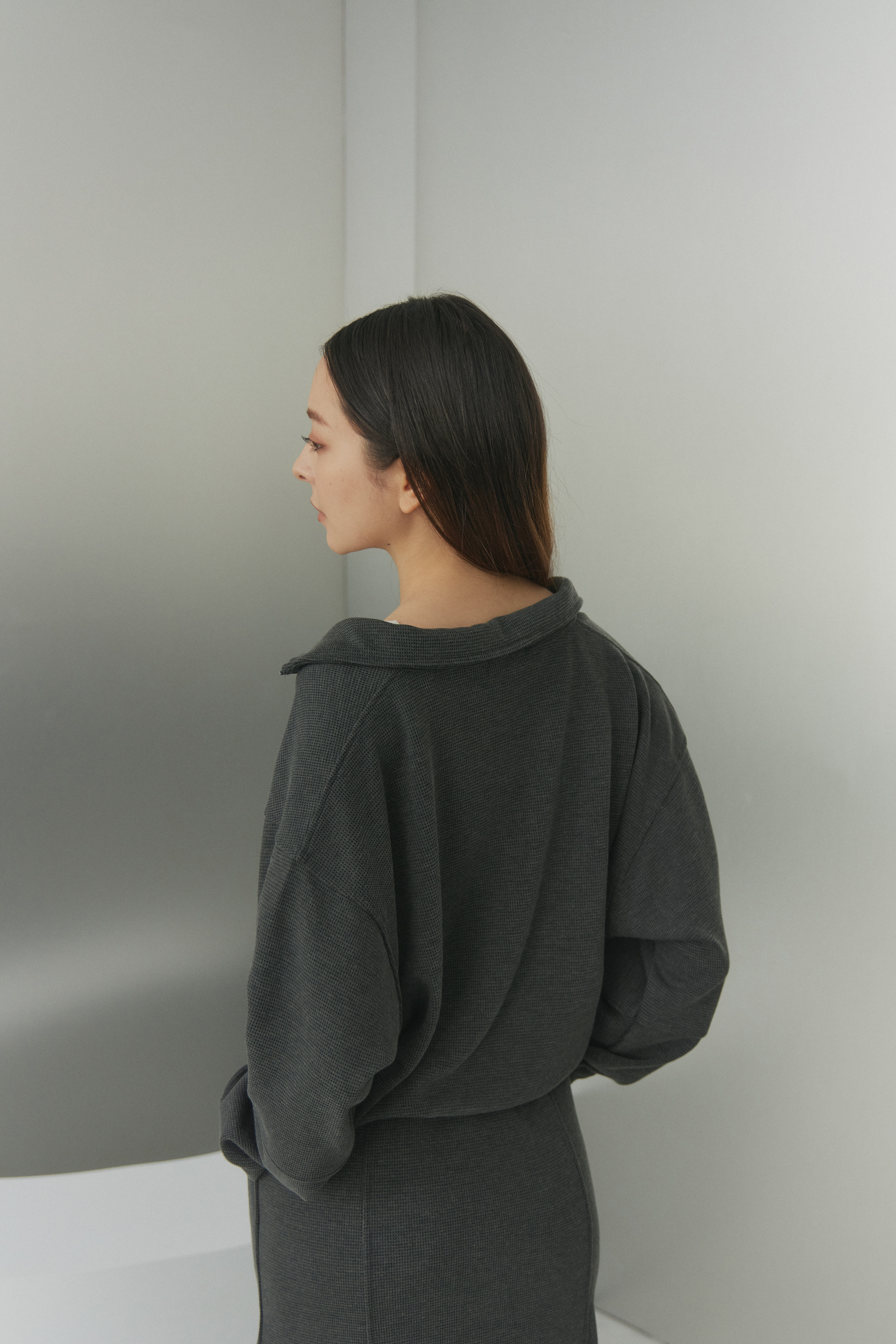 華夫格寬袖縮腰外套- 灰黑