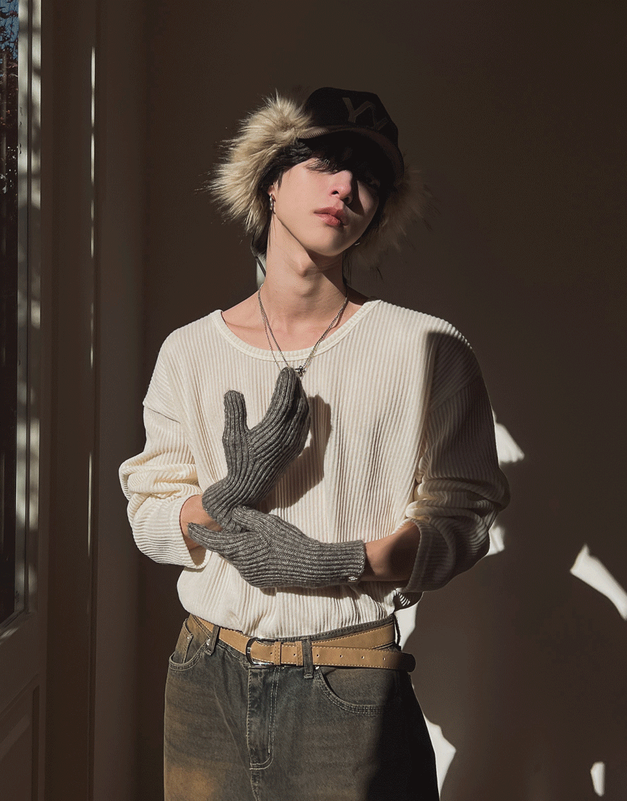 寬鬆豎條紋U領長袖T恤