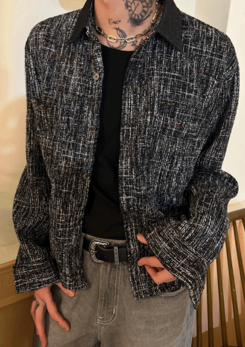 混合粗花呢牛仔短款夾克