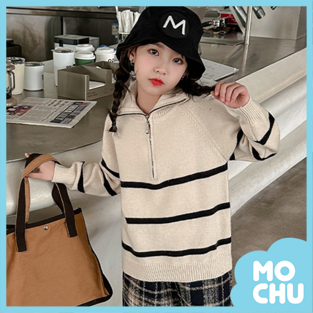 條紋拉鍊翻領毛衣
