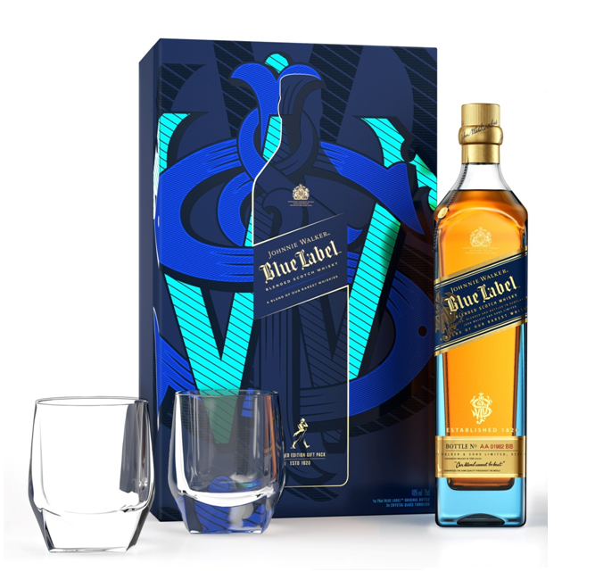 Johnnie Walker Blue Label Blended Scotch Whisky Glass Gift Pack 700mL