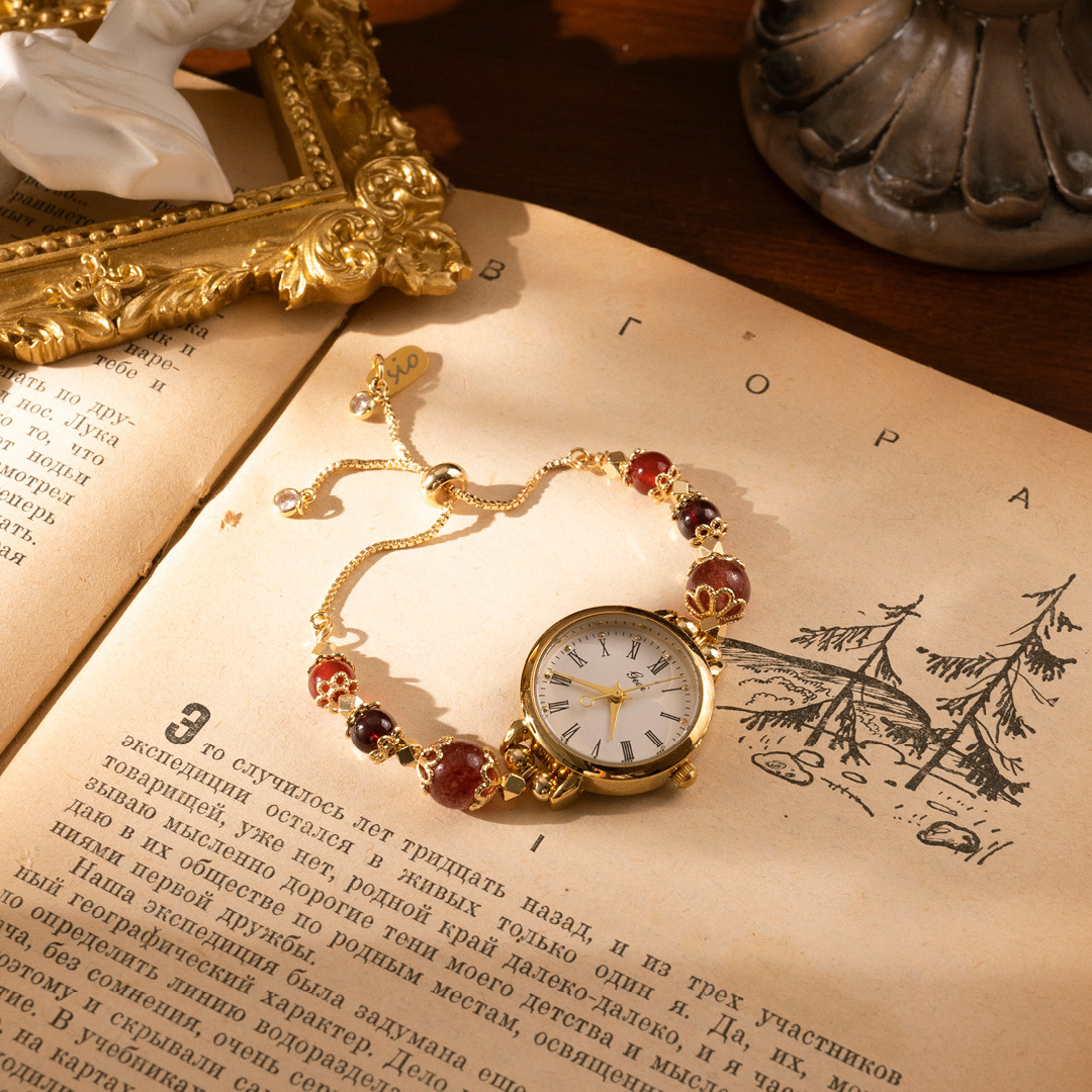 【時光】水晶腕帶手錶-紅塵(草莓晶/石榴石/紅瑪瑙)