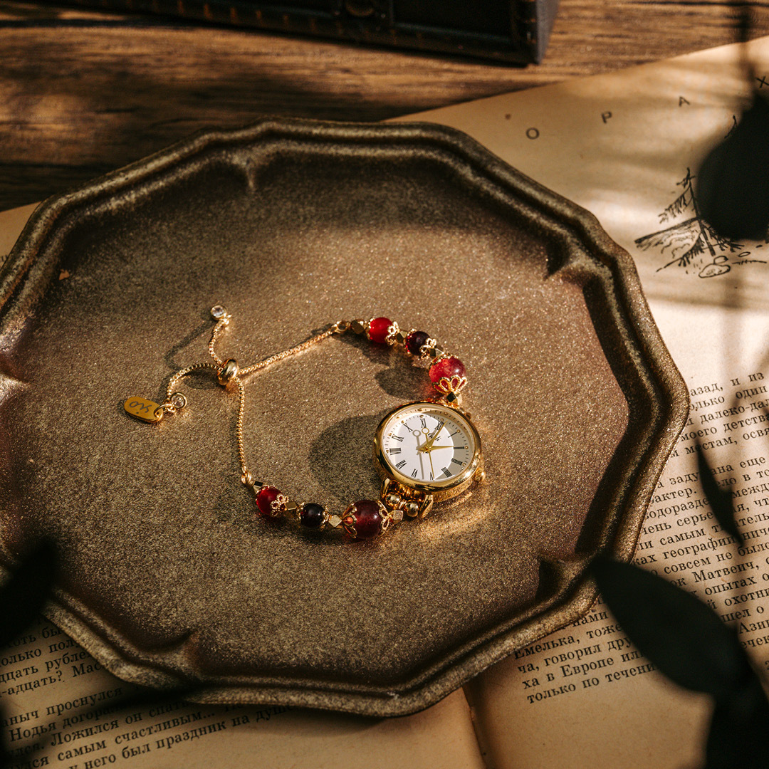 【時光】水晶腕帶手錶-紅塵(草莓晶/石榴石/紅瑪瑙)