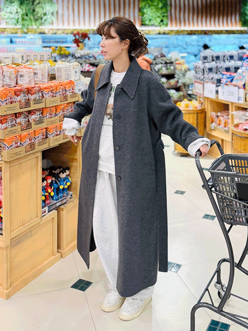 [現貨]翻領綁帶羊毛長版大衣 [ 2色 / Free ]