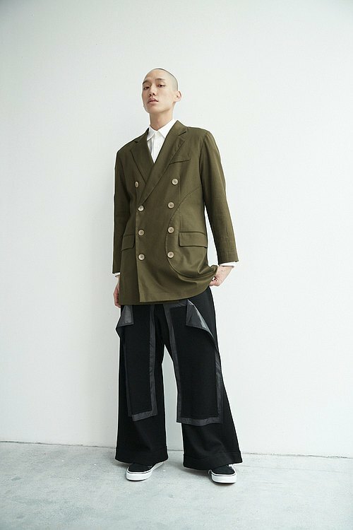 長口袋剪接寬褲