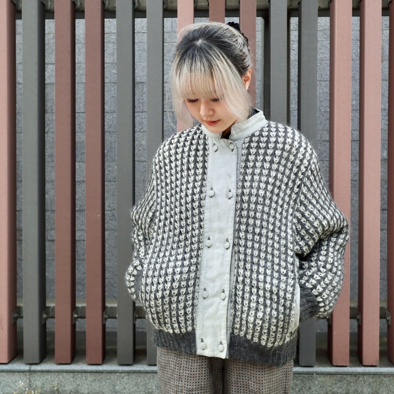 炭灰黑粗針織羊毛外套