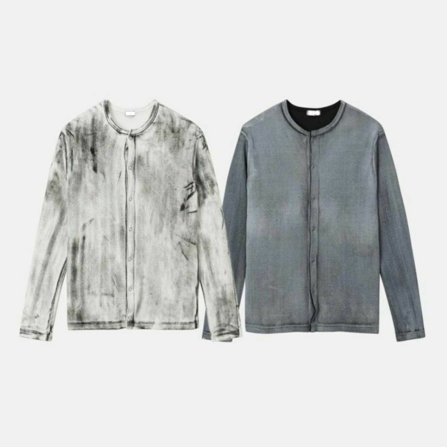 混色圓領暗直紋開胸長袖衫 JK2463