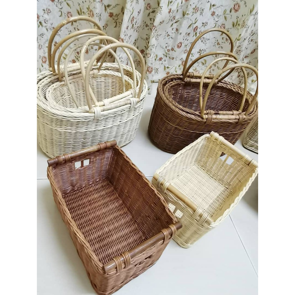 Beige Rattan Basket Picnic Storage Organizer Square
