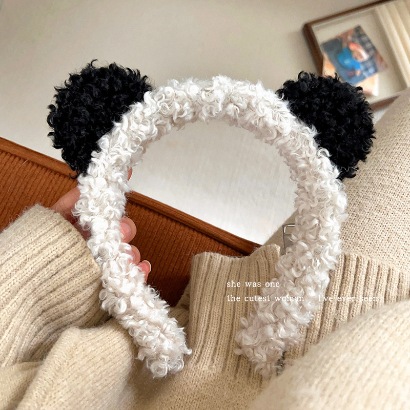 《3466》少女羊羔毛熊貓黑白髮箍