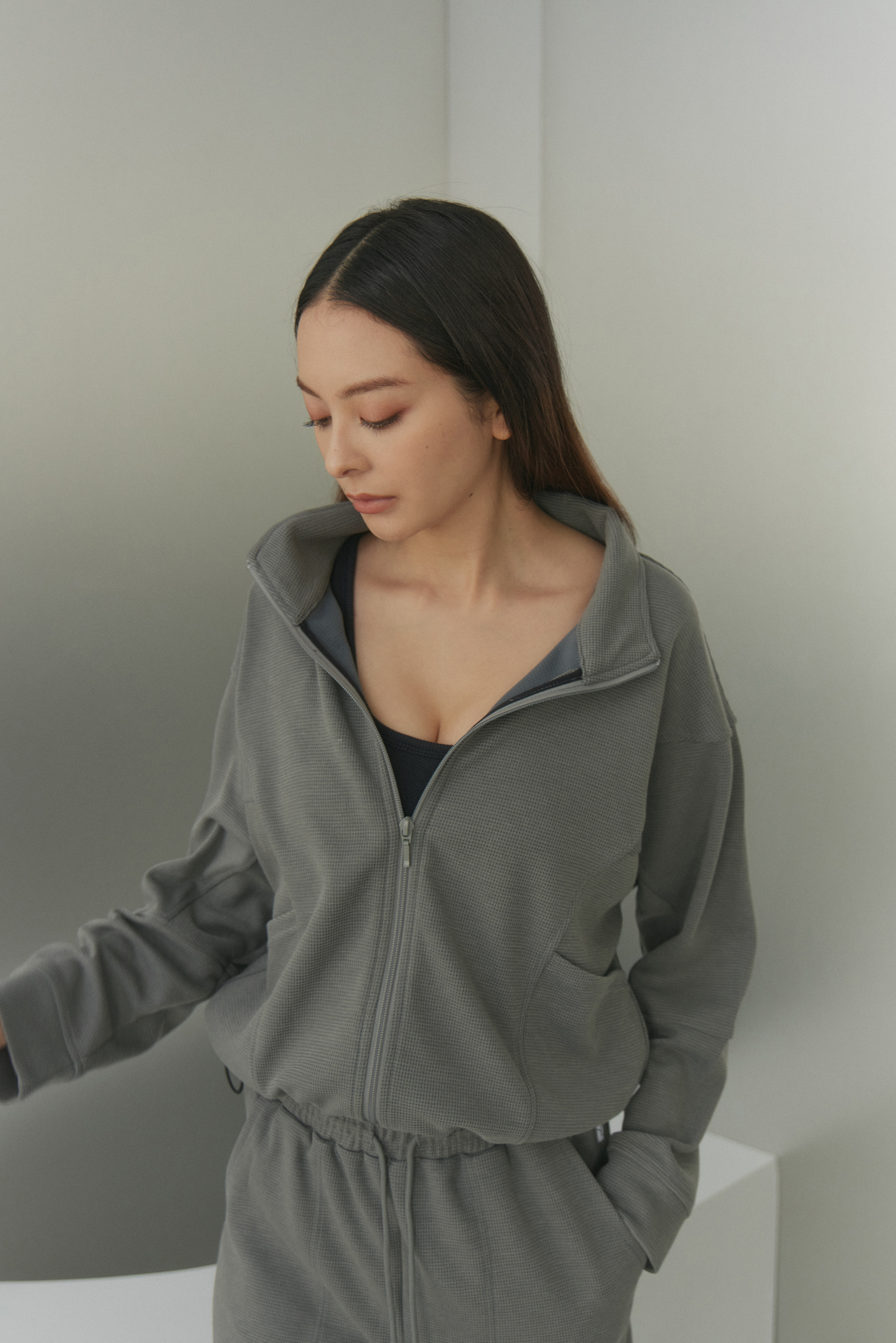 華夫格寬袖縮腰外套- 灰綠