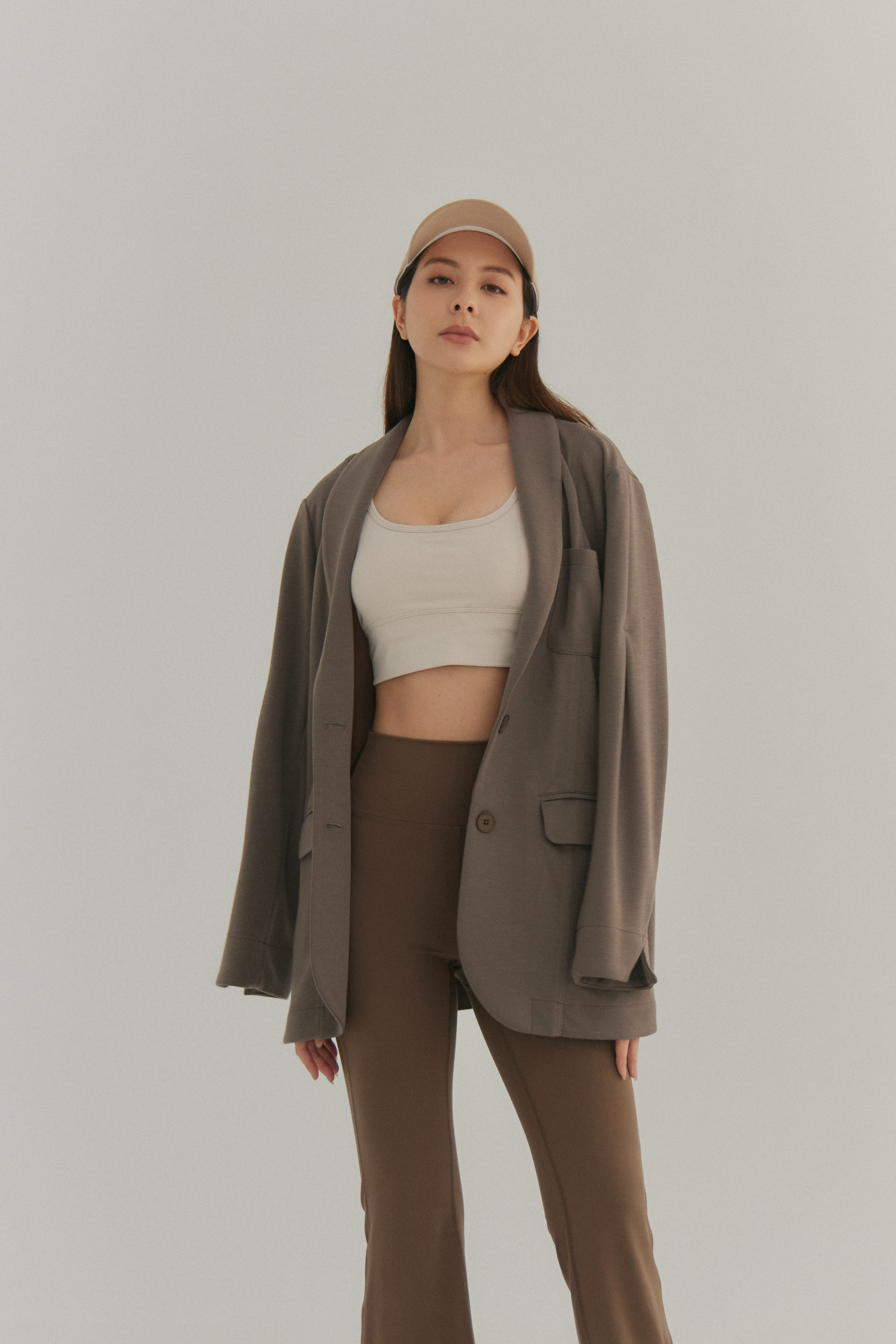 袖打摺寬鬆西裝外套- 咖啡