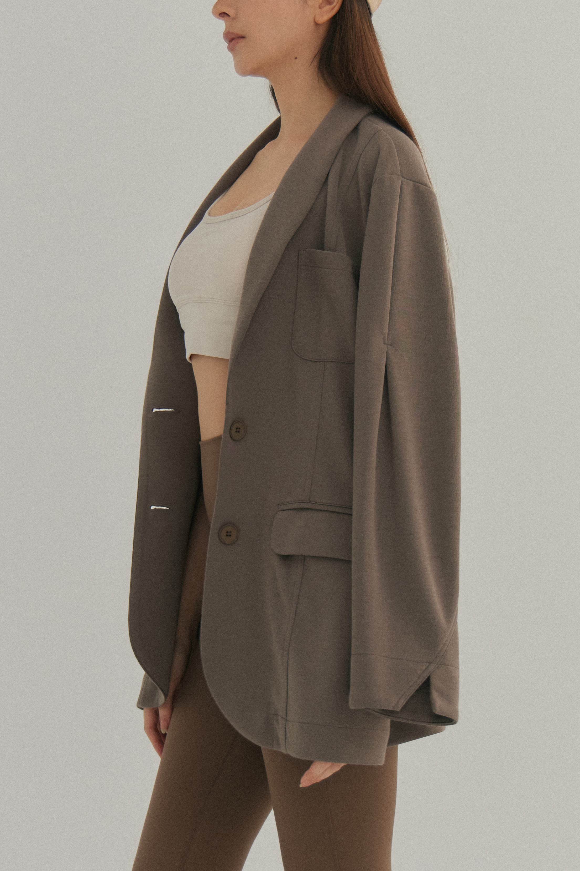 袖打摺寬鬆西裝外套- 咖啡