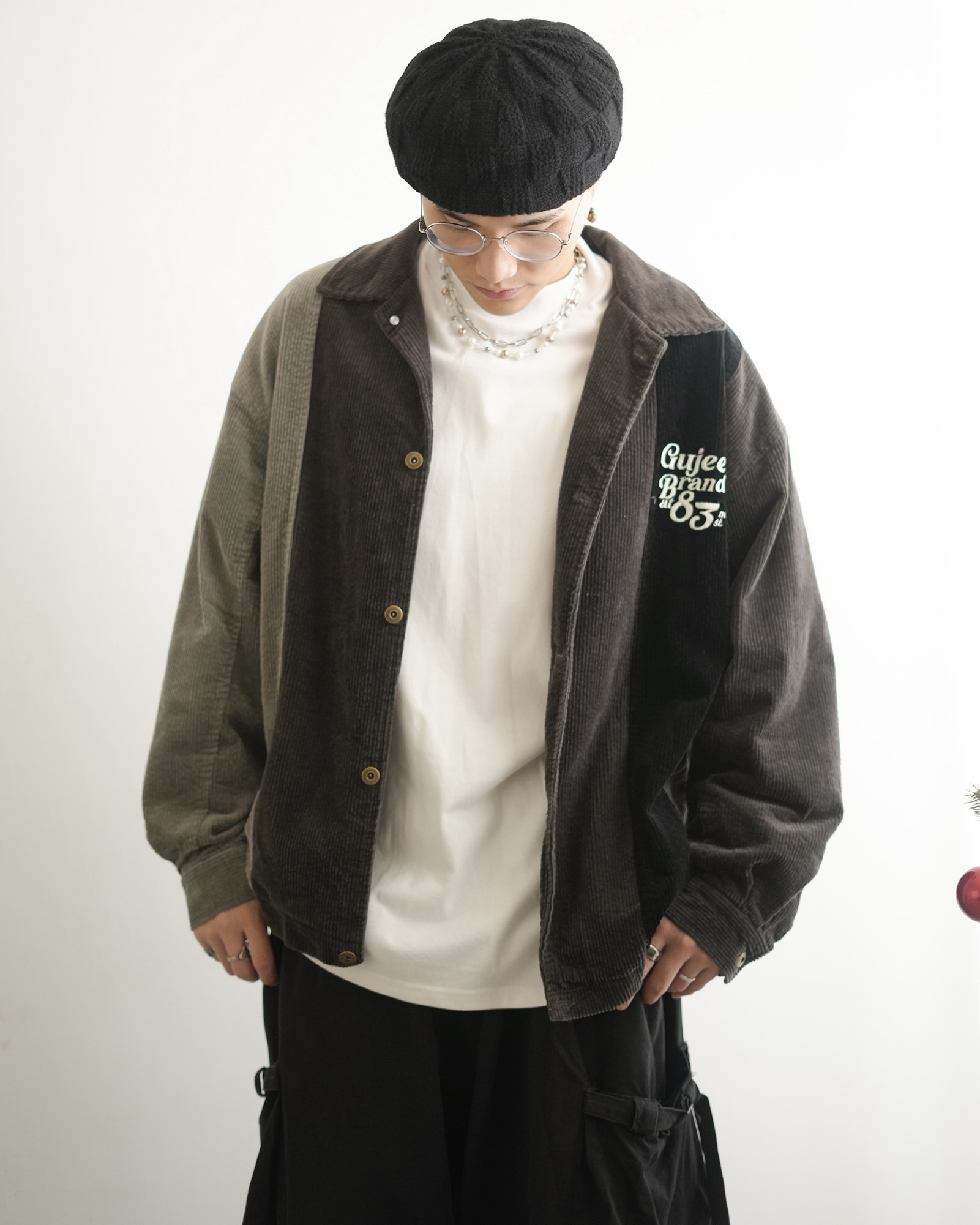 MD131 日系燈芯絨拼接外套-黑