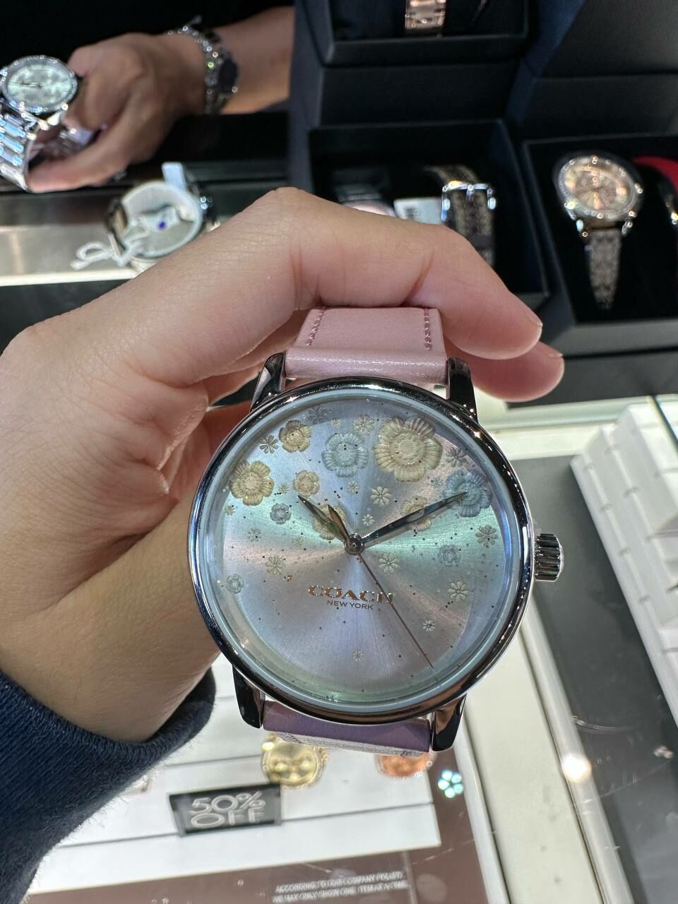 [S] COACH LUXURY WATCH COACH 14503846 GRAND SILVER FLORAL FACE & PINK LEATHER STRAP 36mm, 885997424035 (SCO606)