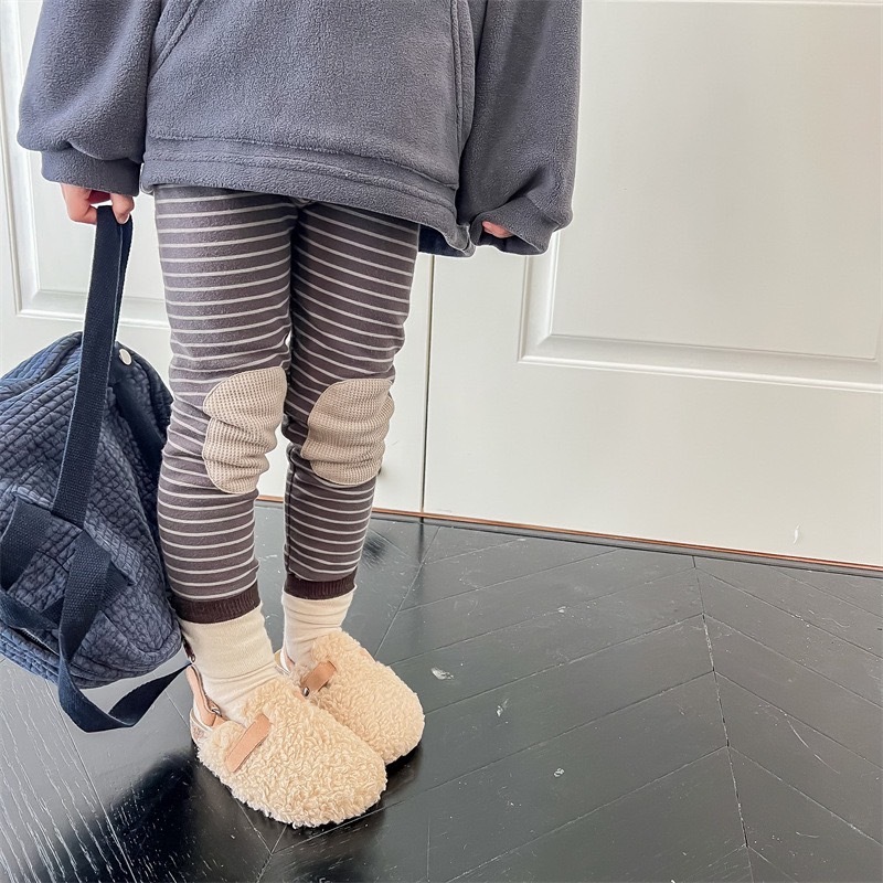 條紋補丁加絨內搭褲
