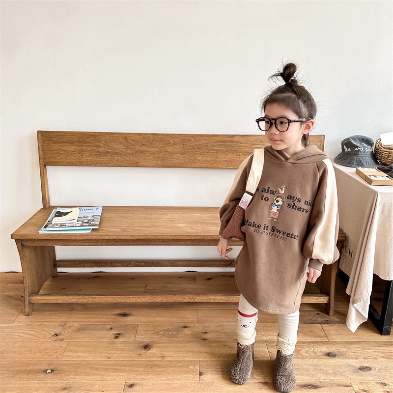 耳機熊拼色袖連帽加絨長版上衣