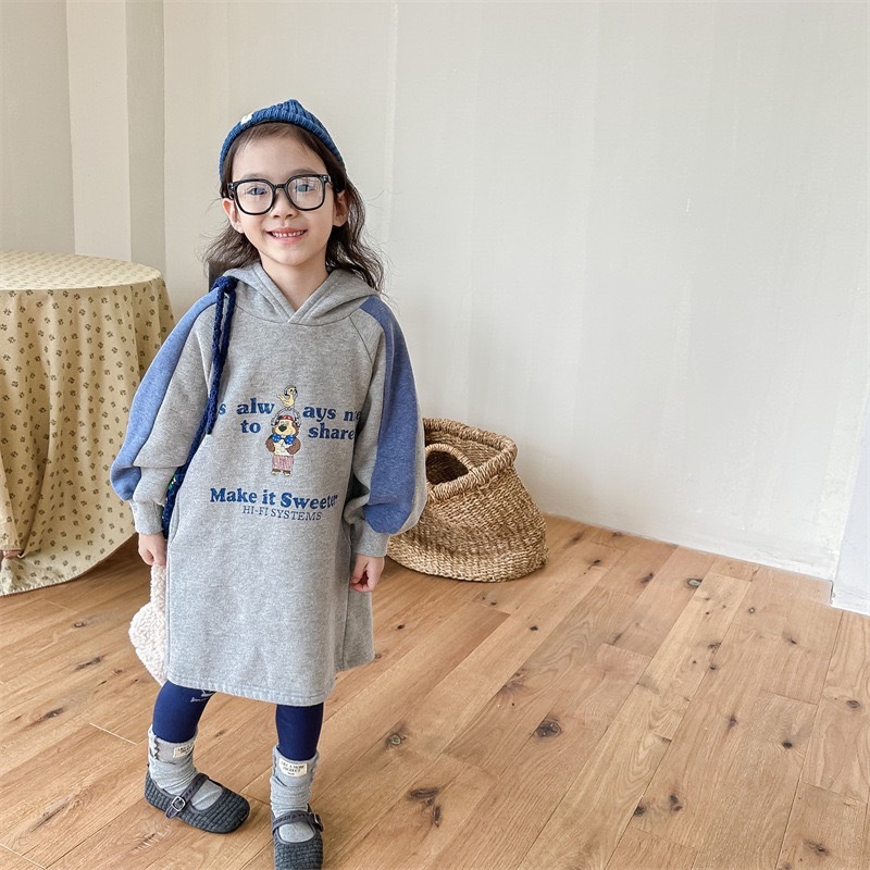 耳機熊拼色袖連帽加絨長版上衣