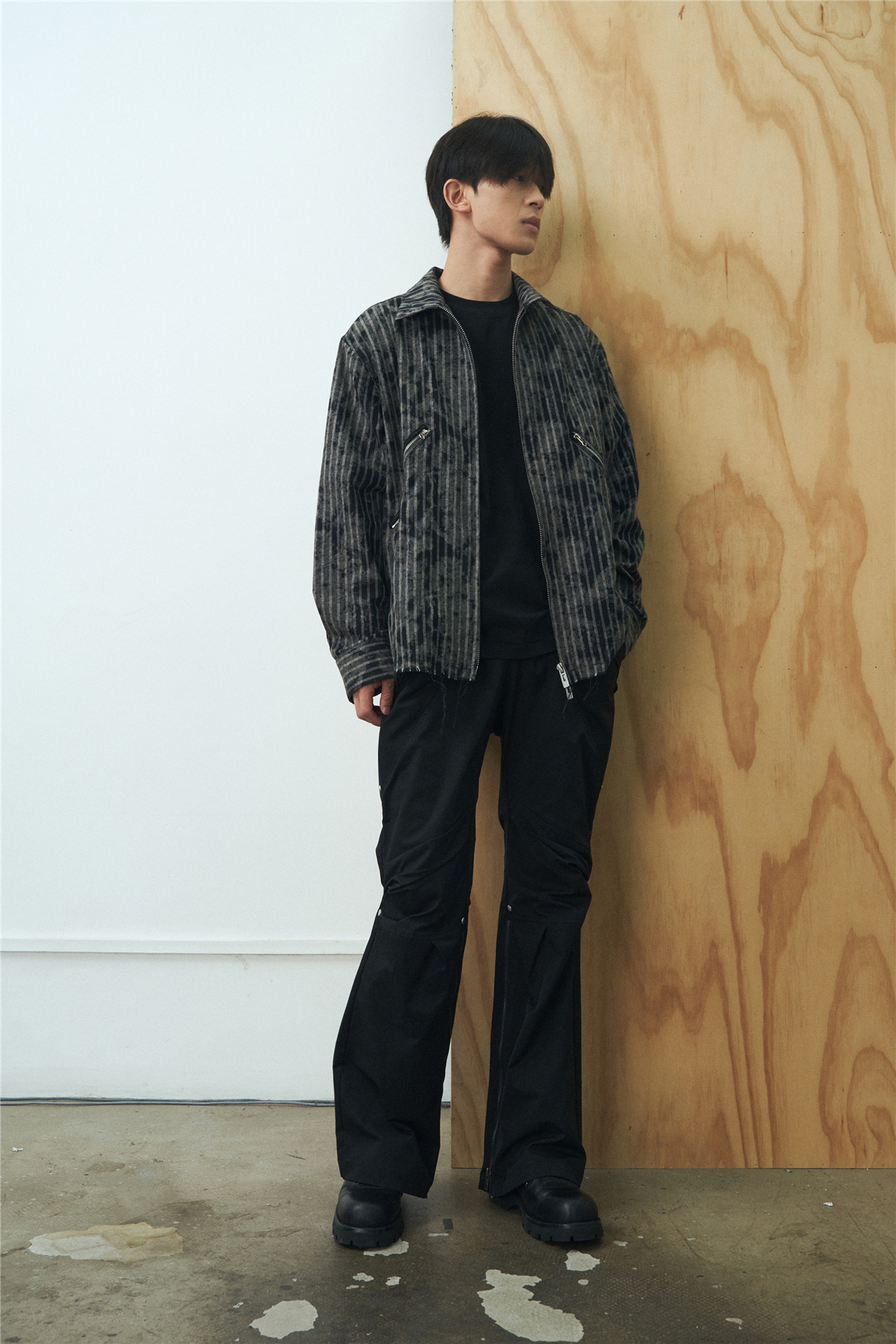 Pupil travel 微喇拼接廓形修身打褶拉鍊西褲