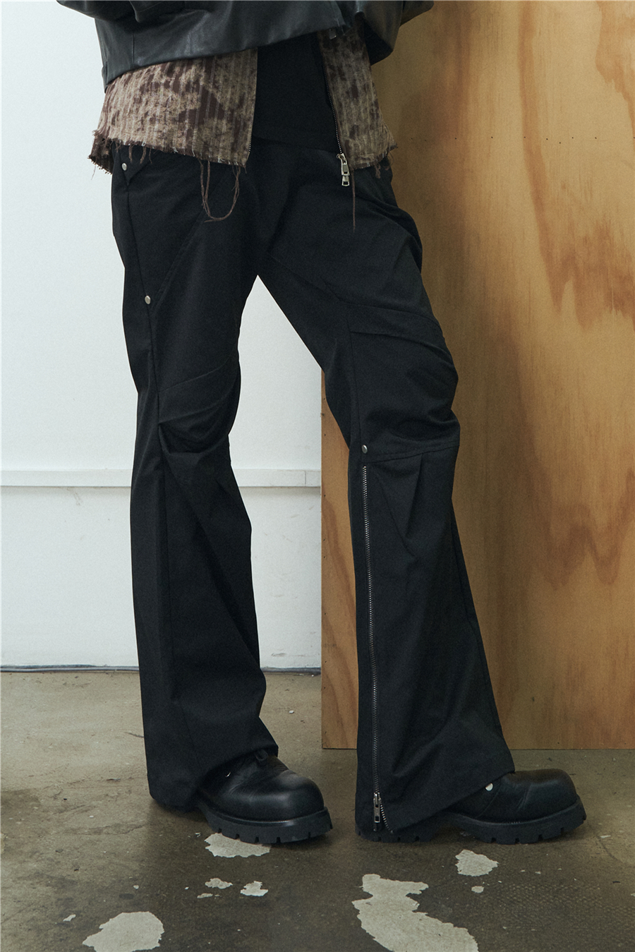 Pupil travel 微喇拼接廓形修身打褶拉鍊西褲