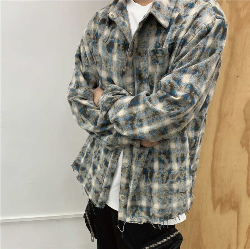 Pupil Travel 水洗暈染氛圍感慵懶毛邊格紋純棉長袖襯衫