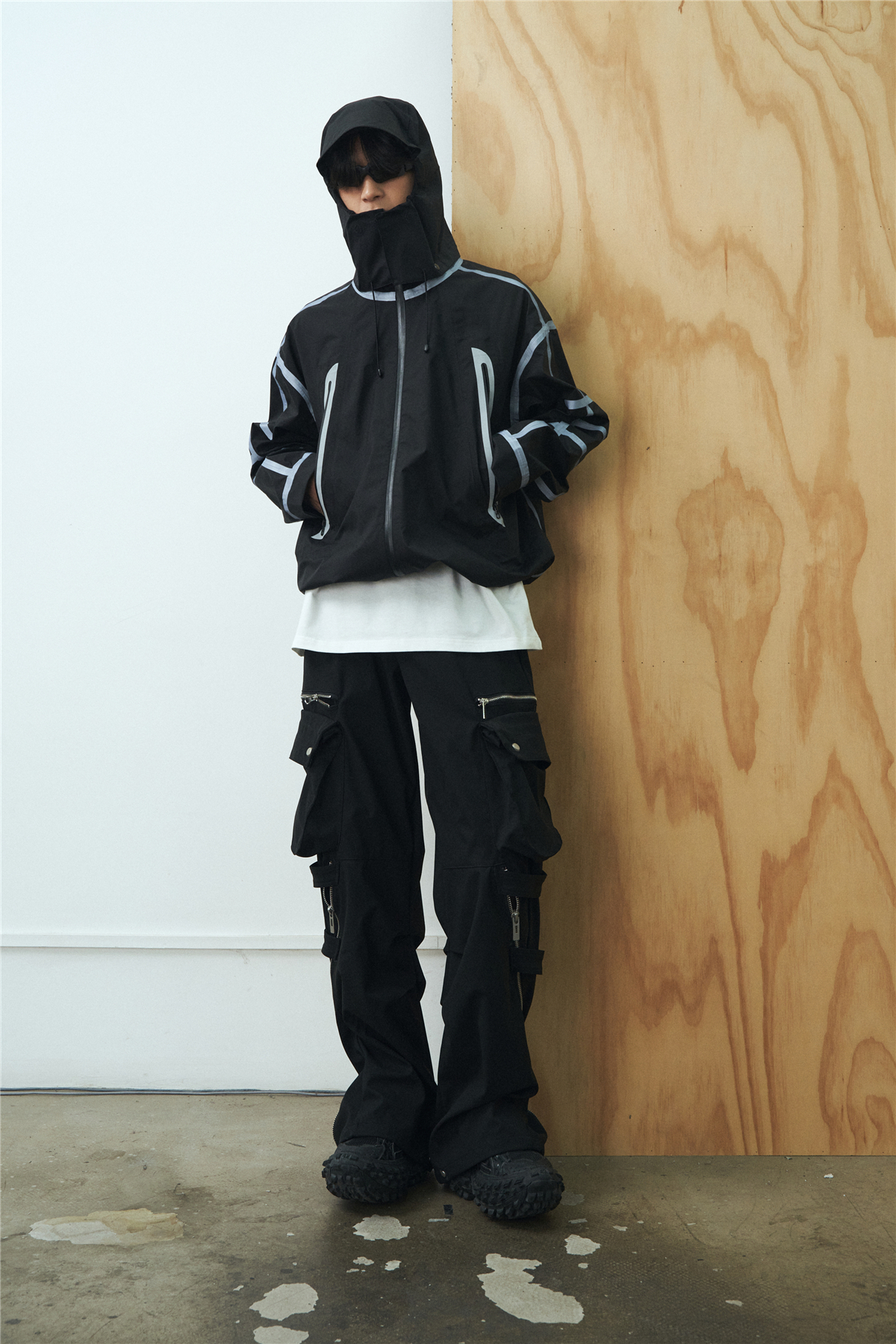 Pupil travel 重工拉鍊拼接砲彈褲綁帶修身長褲