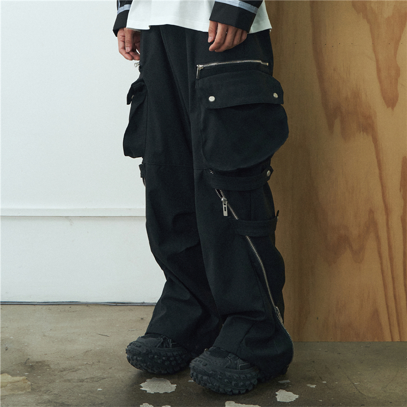 Pupil travel 重工拉鍊拼接砲彈褲綁帶修身長褲