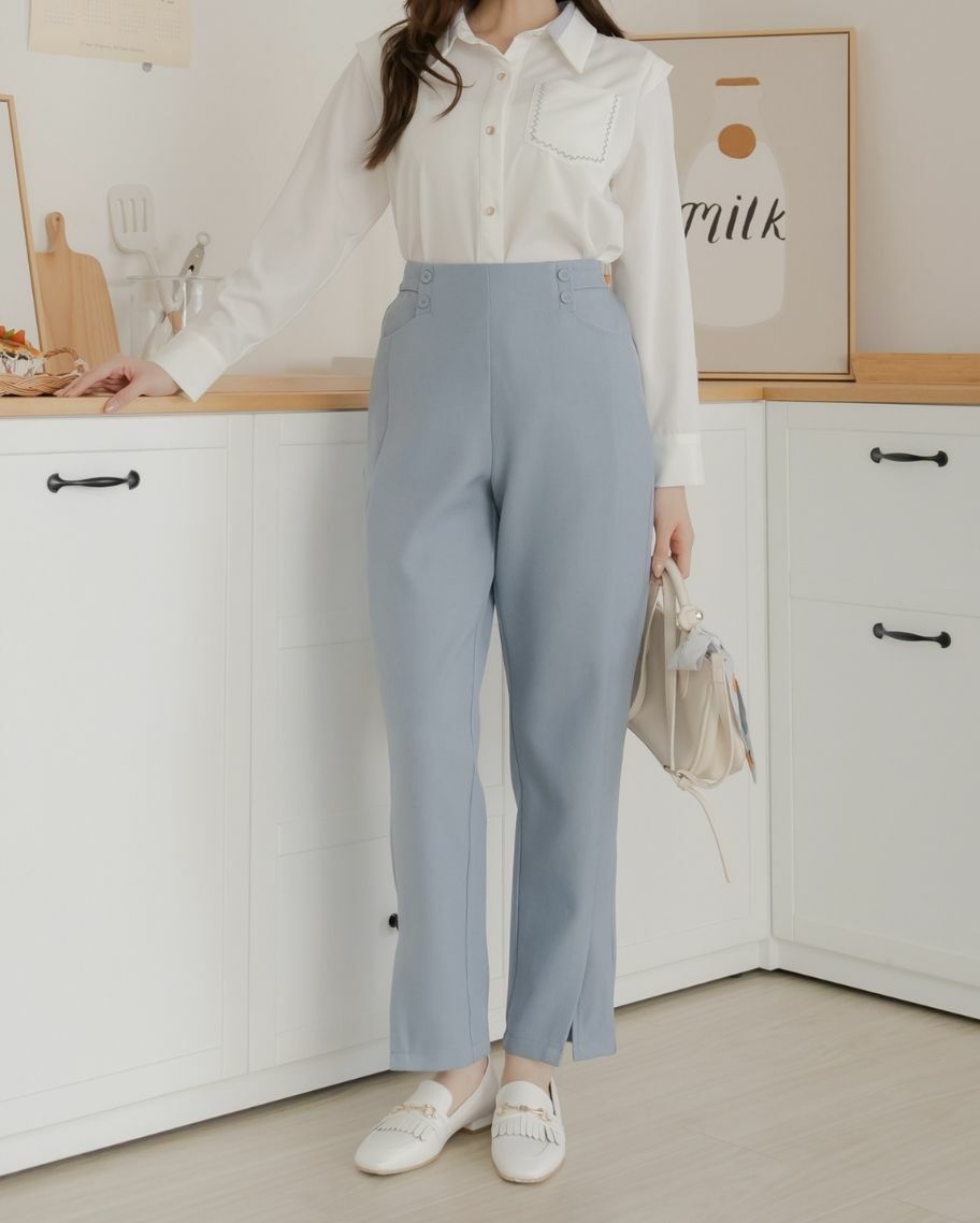 小蠻腰開衩增高直筒褲