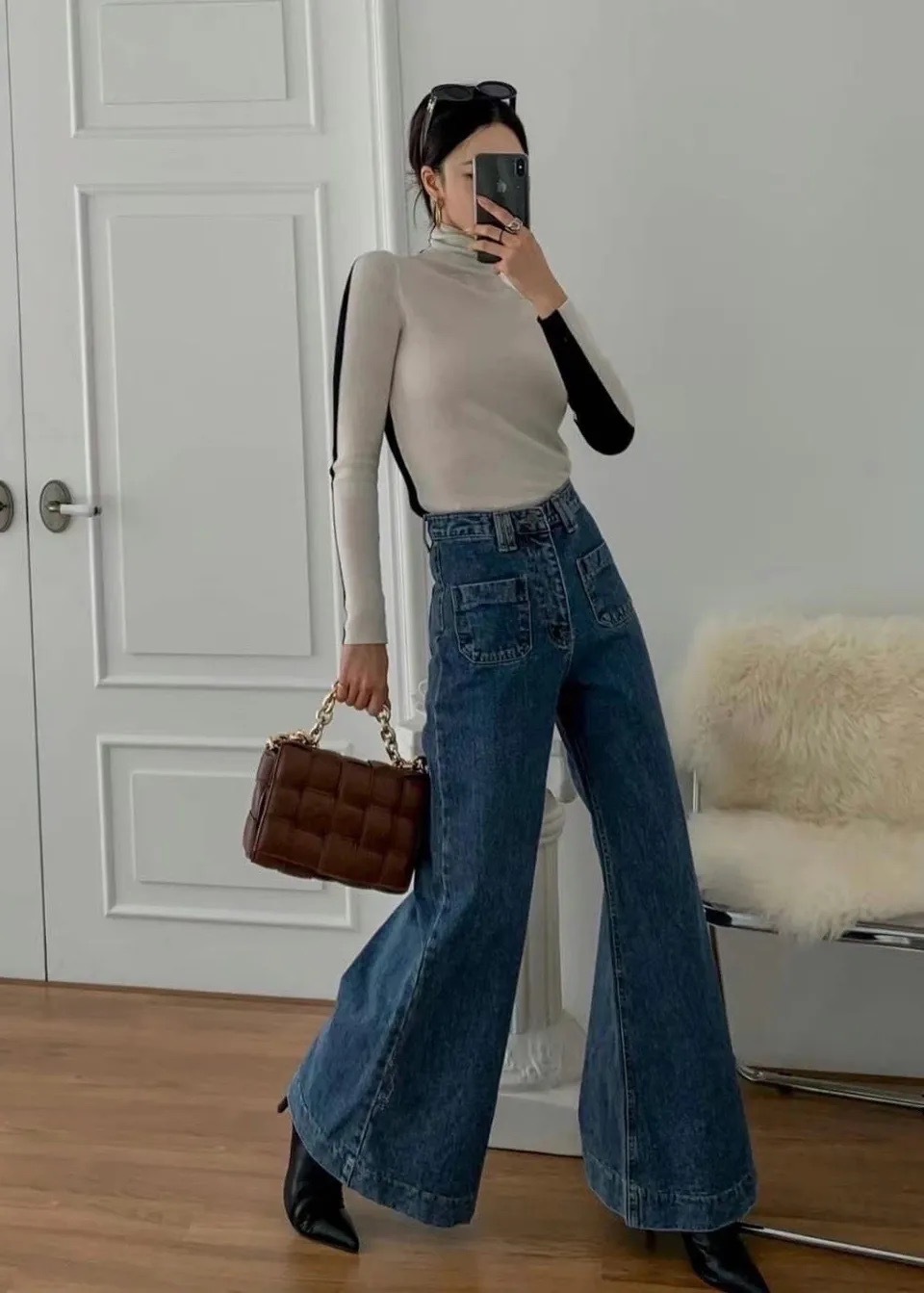 正韓前口袋牛仔喇叭褲