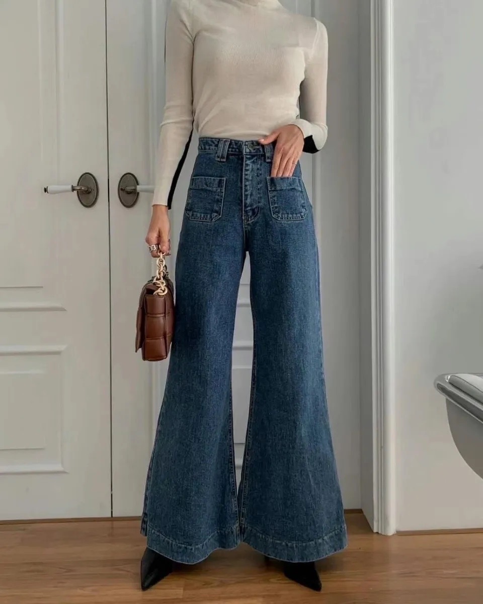 正韓前口袋牛仔喇叭褲