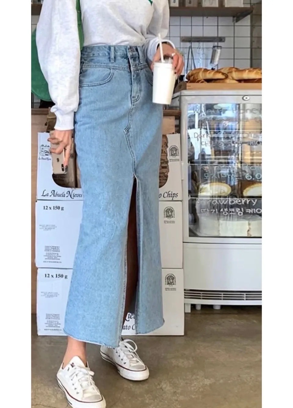 前開衩不收邊牛仔裙