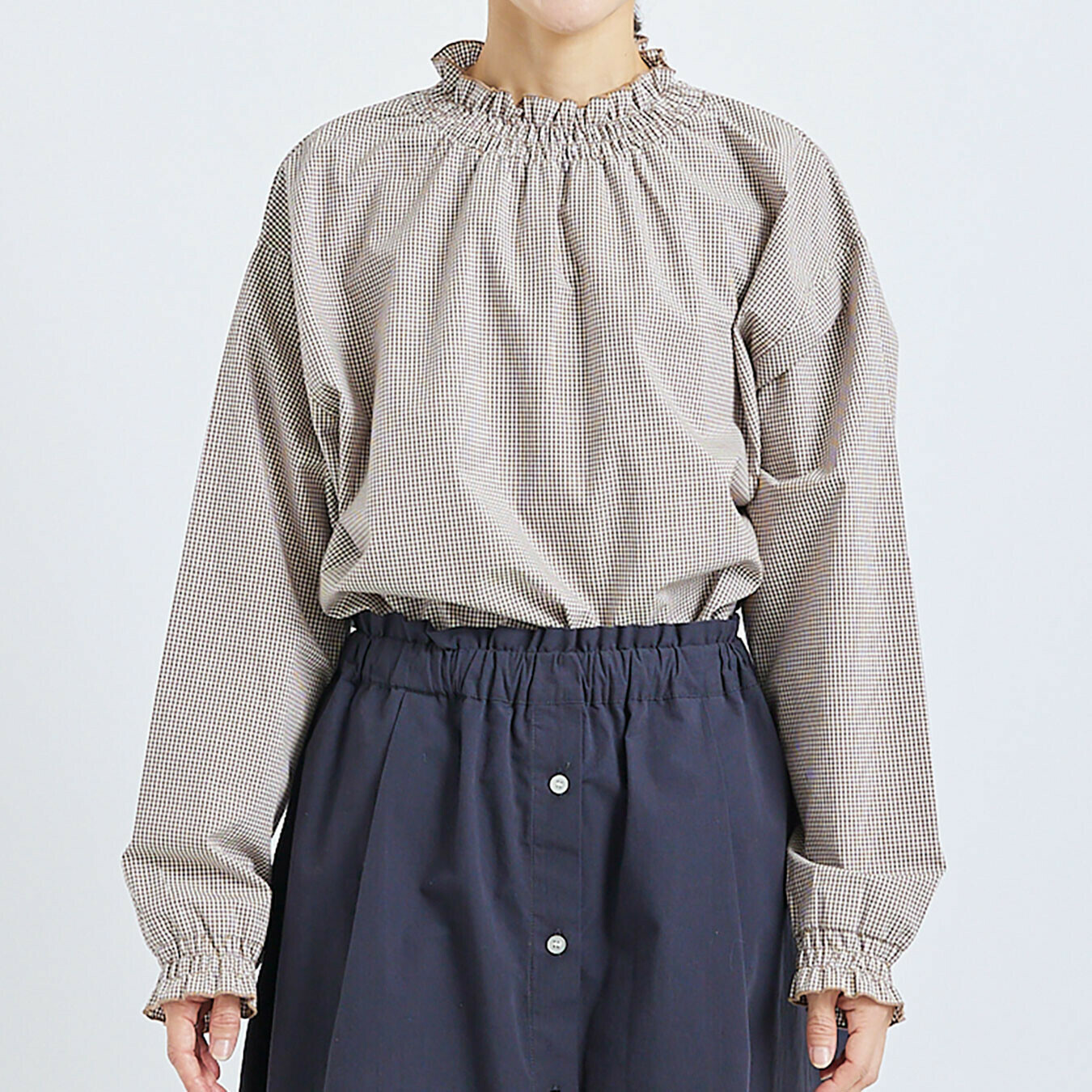 ｛Special Price｝棕色小格子褶皺領棉質上衣【日本直送】